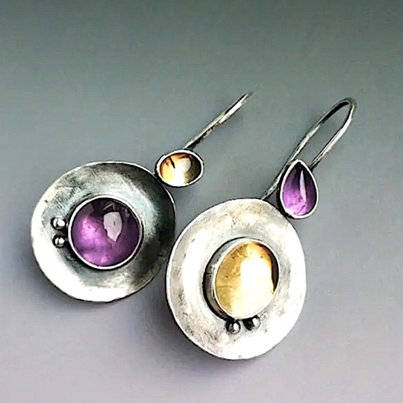 Tribal Silver with Purple, Citrine Stone Dangle Earrings Vintage Bohemian Boho - Picture 2 of 2